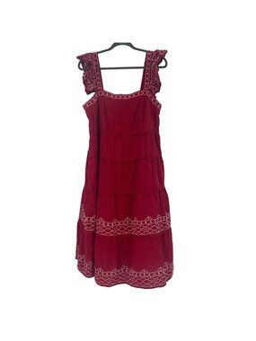 Knox Rose Size L Boho Embroidered Tiered A-Line Midi Dress Ruffles